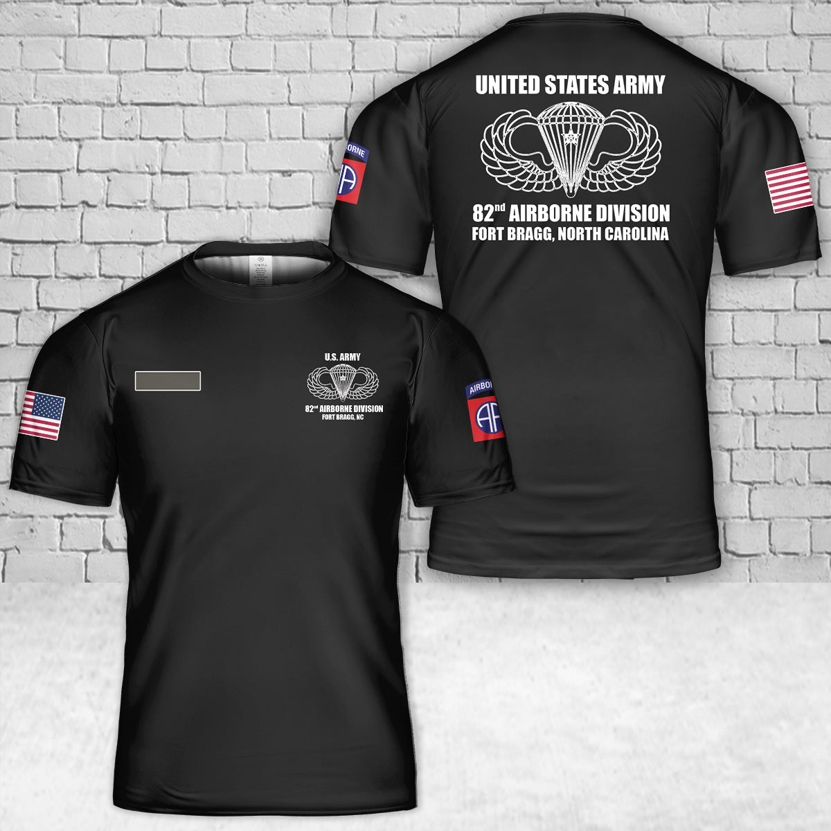 Custom Name US Army 82nd Airborne Division All American Fort Bragg NC Parachutist Badge - Jump Wings - Basic with 1 Combat Star T-Shirt 3D