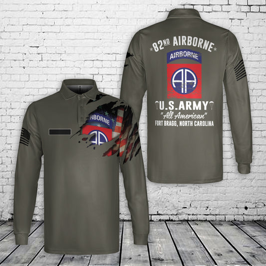 Custom Name US Army 82nd Airborne Division Fort Bragg NC AOP Men's Long Sleeve Polo Shirt (Midweight)