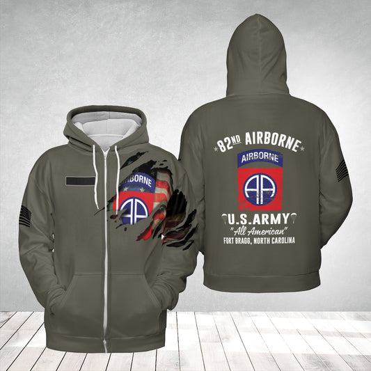 Custom Name US Army 82nd Airborne Division Fort Bragg NC AOP Zip Hoodie