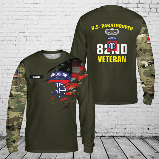 Custom Name US Army 82nd Airborne Division Veteran Paratrooper AOP Long Sleeve Shirt