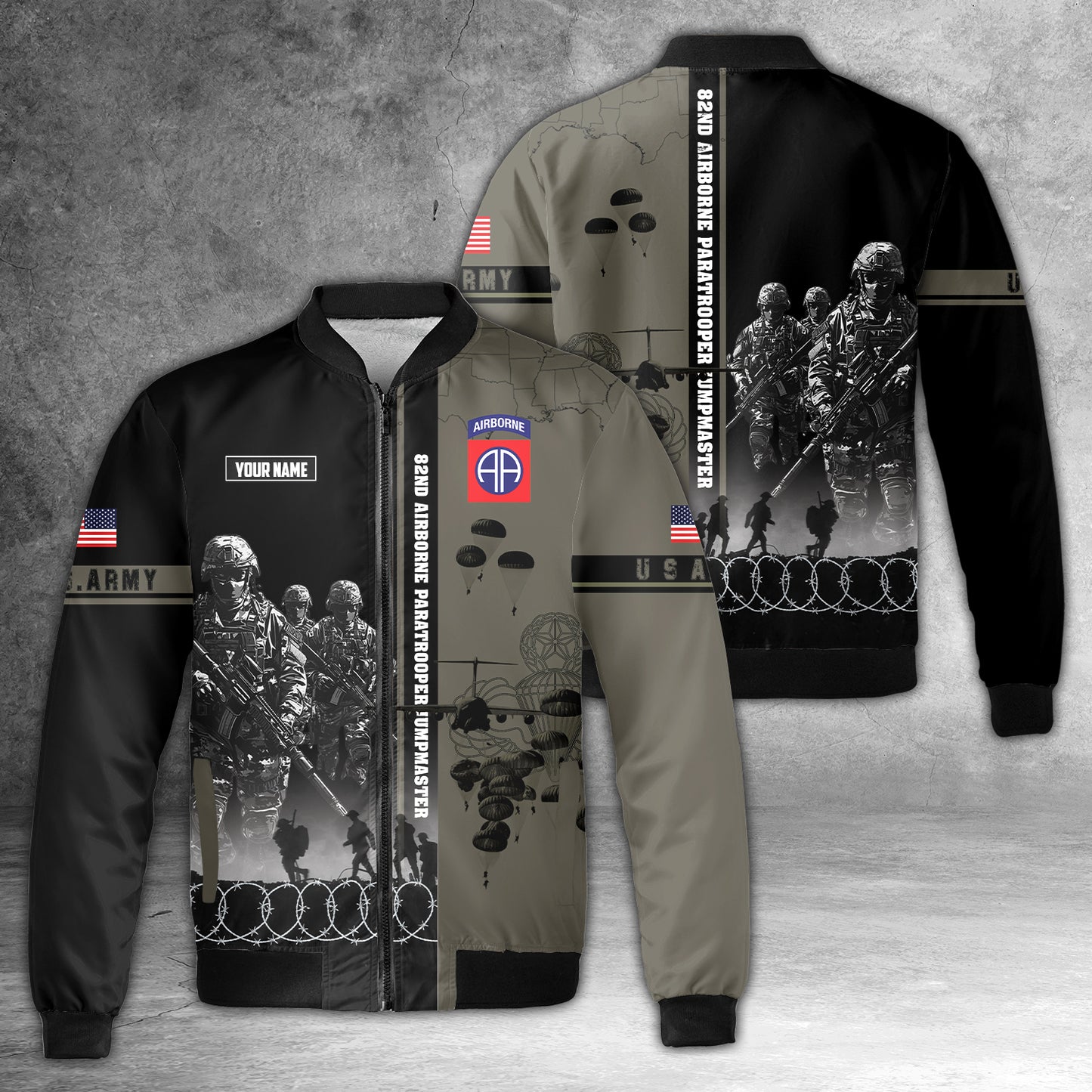 Custom Name US Army 82nd Airborne Paratrooper Jumpmaster AOP Fleece Bomber Jacket