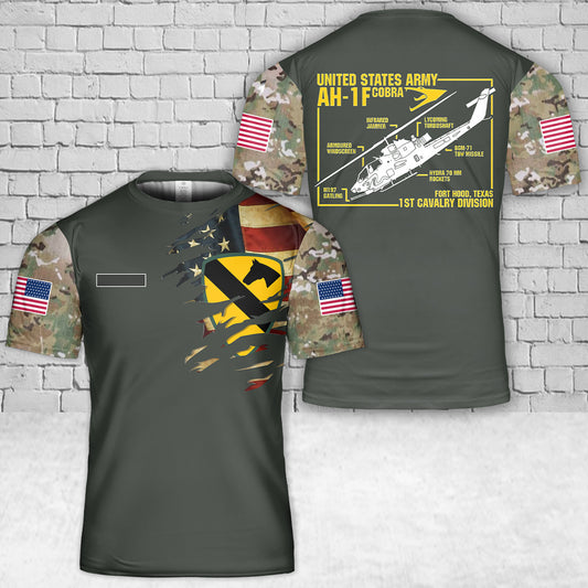 Custom Name US Army AH-1 Cobra Attack Helicopter 1st Cavalry Division T-Shirt 3D