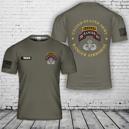 Custom Name US Army Airborne 75 Ranger Ranger RGT Tab Master Jump Wings 3D T-Shirt