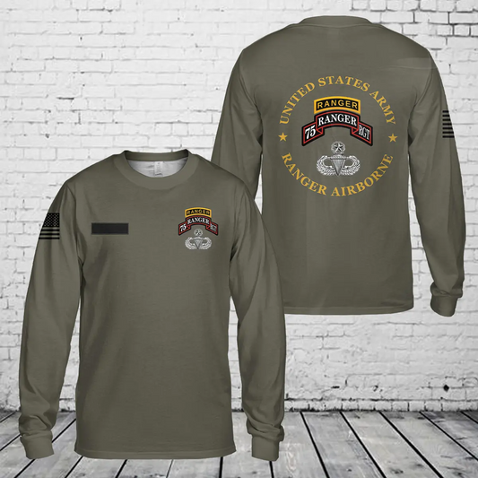 Custom Name US Army Airborne 75 Ranger Ranger RGT Tab Master Jump Wings Long Sleeve Shirt