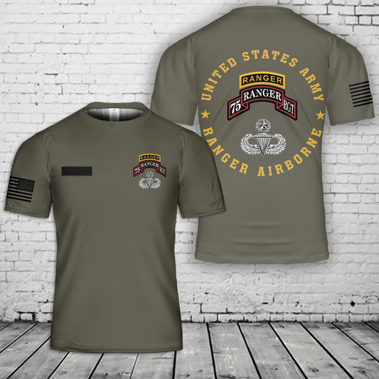 Custom Name US Army Airborne 75 Ranger Ranger RGT Tab Master Jump Wings T-Shirt 3D