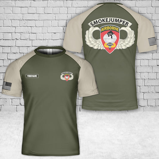 Custom Name US Army Airborne Badge - 555th Parachute Infantry Bn - SSI w SmokeJumper Tab T-Shirt 3D