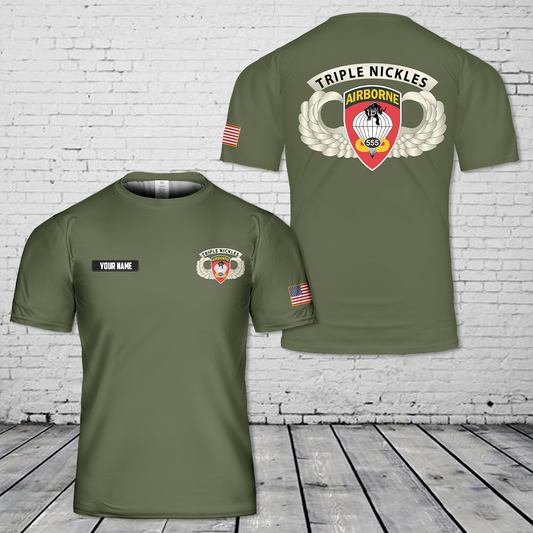 Custom Name US Army Airborne Badge - 555th Parachute Infantry Bn - SSI w Triple Nickles Tab T-Shirt 3D