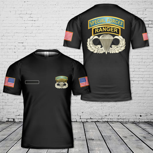 Custom Name US Army Airborne Badge - Ranger - SF Tabs T-Shirt 3D