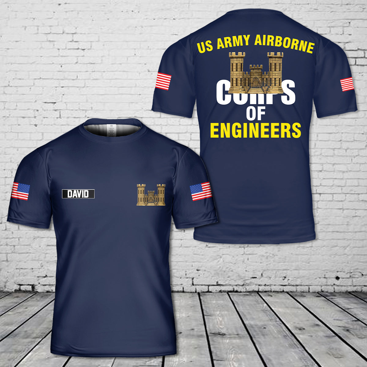 Custom Name US Army Airborne Engineer Castle Jump Wing 3D T-Shirt