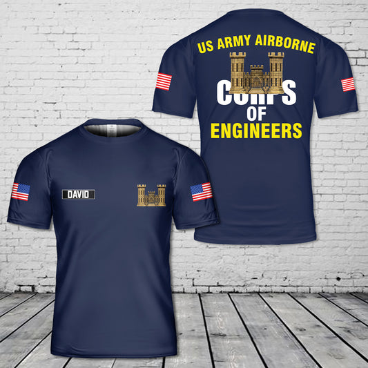 Custom Name US Army Airborne Engineer Castle Jump Wing 3D T-Shirt