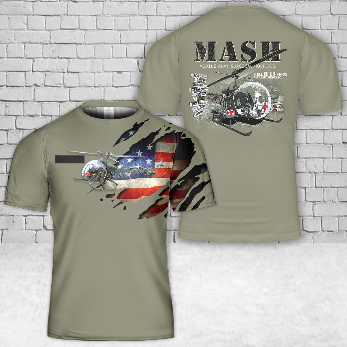 Custom Name US Army Bell H-13 Sioux T-Shirt 3D