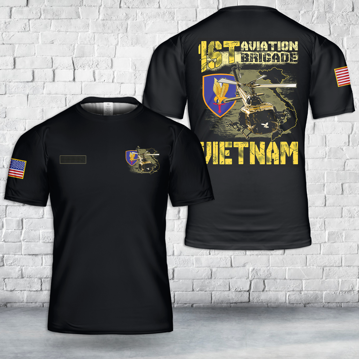Custom Name US Army Bell UH-1 Huey 1st Aviation Brigade Vietnam Veteran T-Shirt 3D
