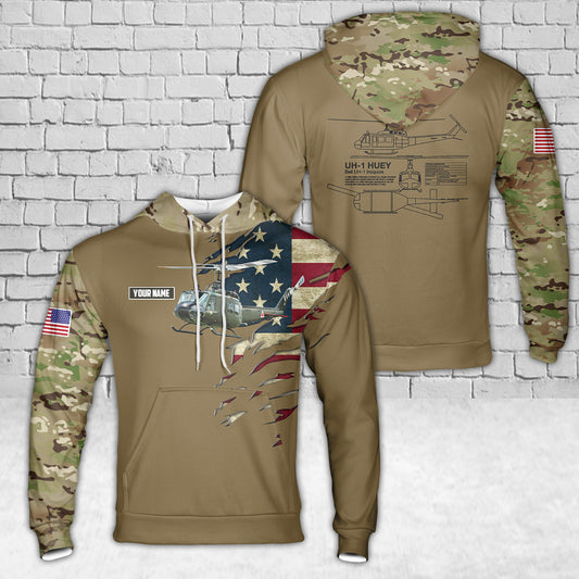 Custom Name US Army Bell UH-1 Huey Hoodie 3D