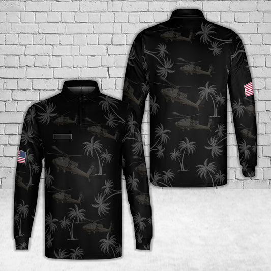 Custom Name US Army Boeing AH-64 Apache AOP Men's Long Sleeve Polo Shirt