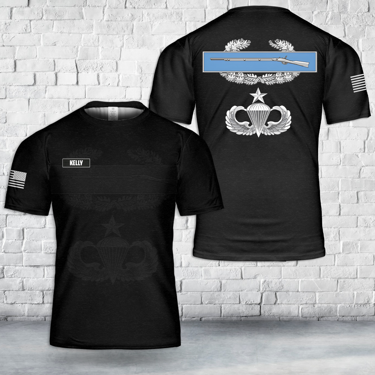 Custom Name US Army CIB Senior Jump Wings T-Shirt 3D