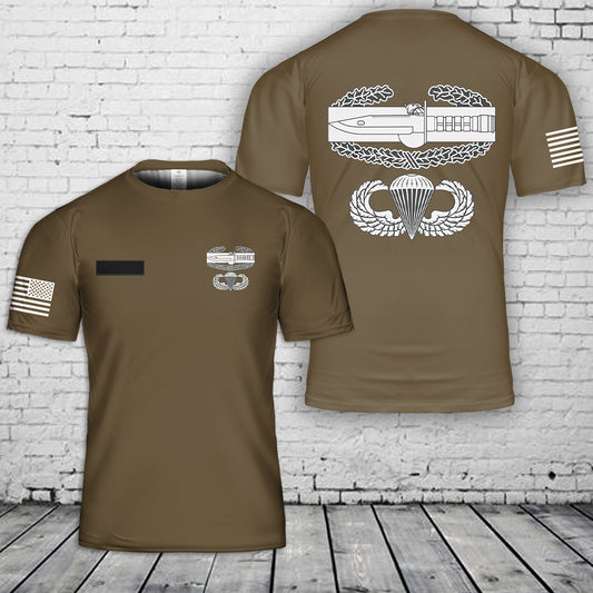 Custom Name US Army Combat Action Badge and Airborne wings T-Shirt 3D