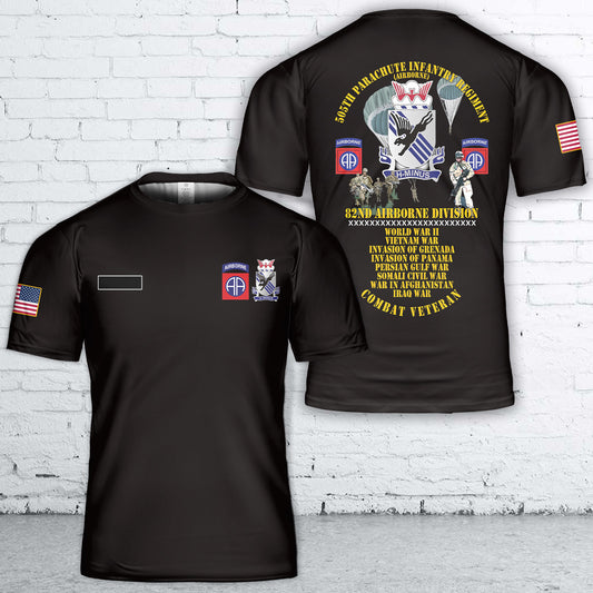 Custom Name US Army Combat Vet 505th PIR 82nd Airborne w Campaigns Soldiers T-Shirt 3D