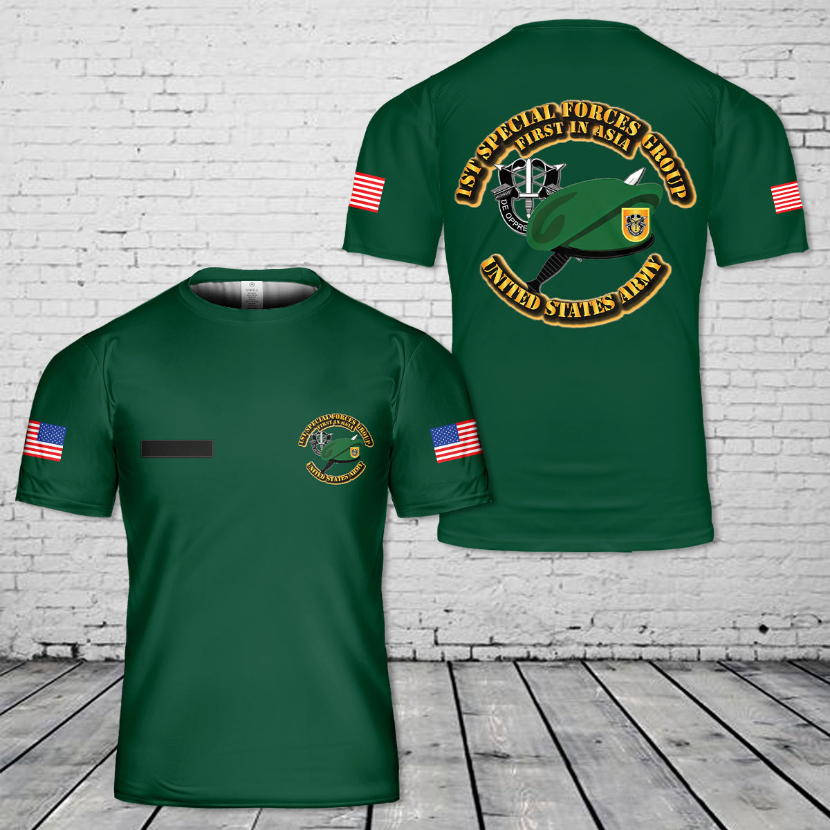 Custom Name US Army Green Beret 1st Special Forces Group (Airborne) (1st SFG) (A) Beret & Dagger T-Shirt 3D