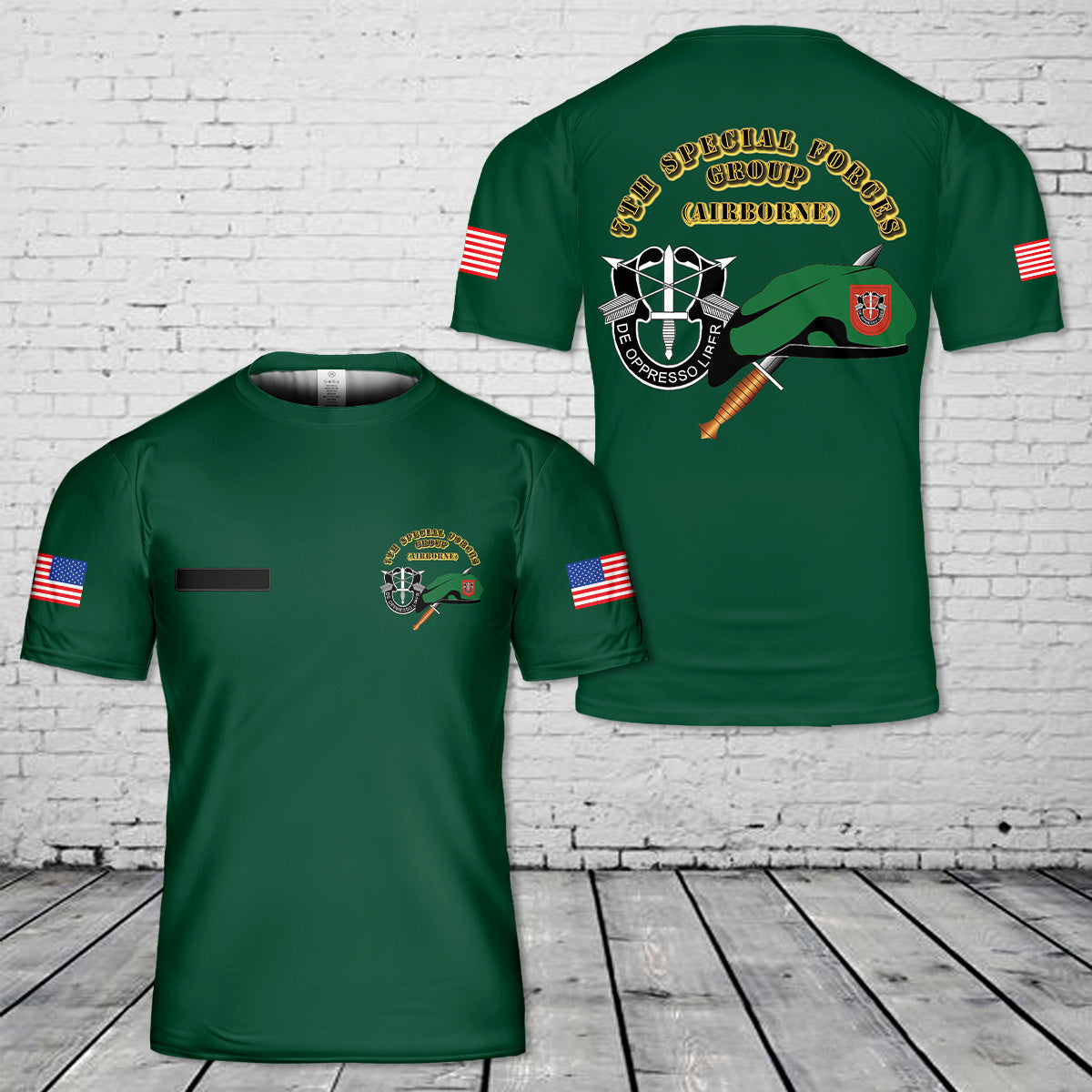 Custom Name US Army Green Beret 7th Special Forces Group (Airborne) (7th SFG) (A) Beret & Dagger T-Shirt 3D