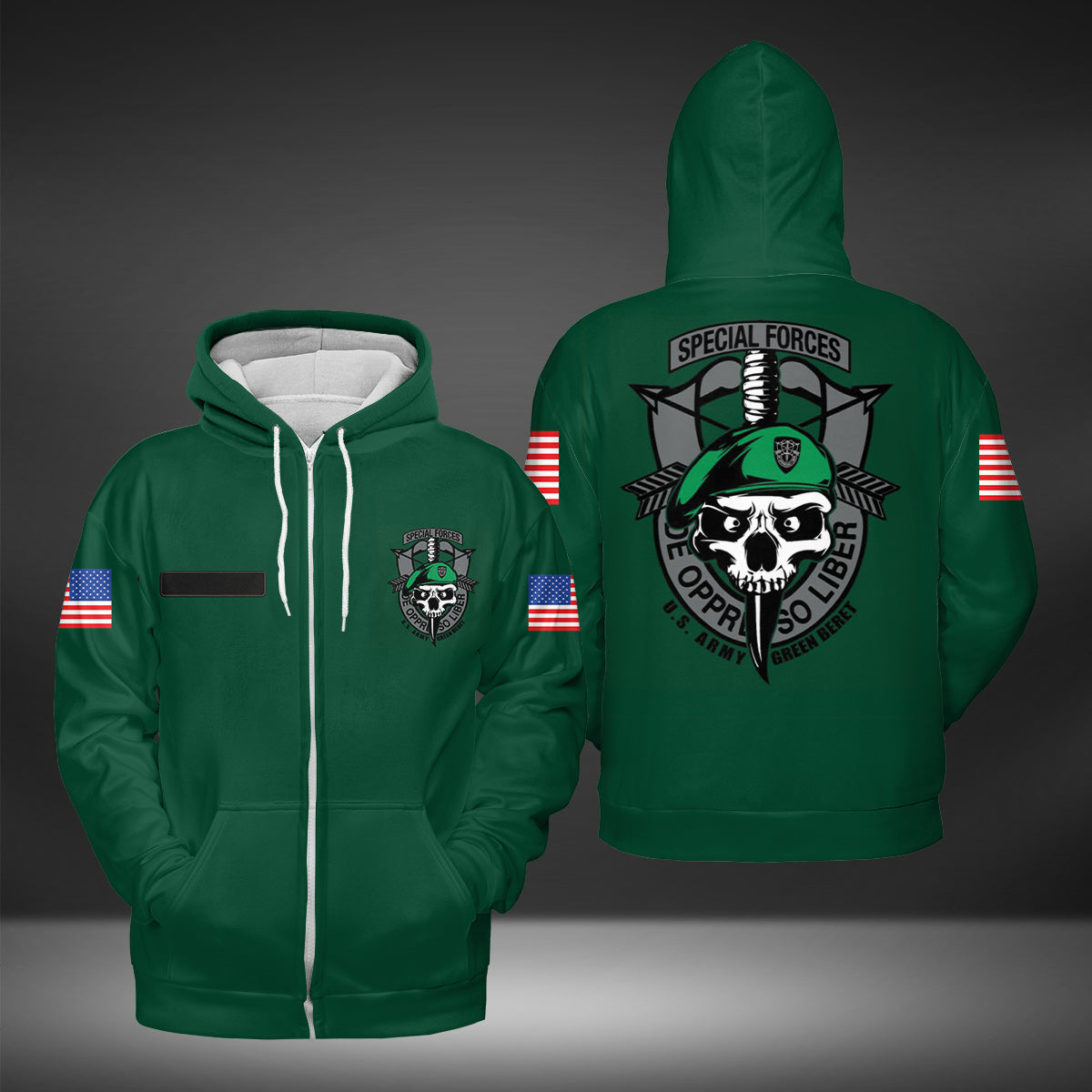 Custom Name US Army Green Beret Special Forces AOP Zip Hoodie