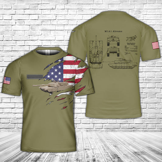 Custom Name US Army M1A1 Abrams Main Battle Tank T-Shirt 3D