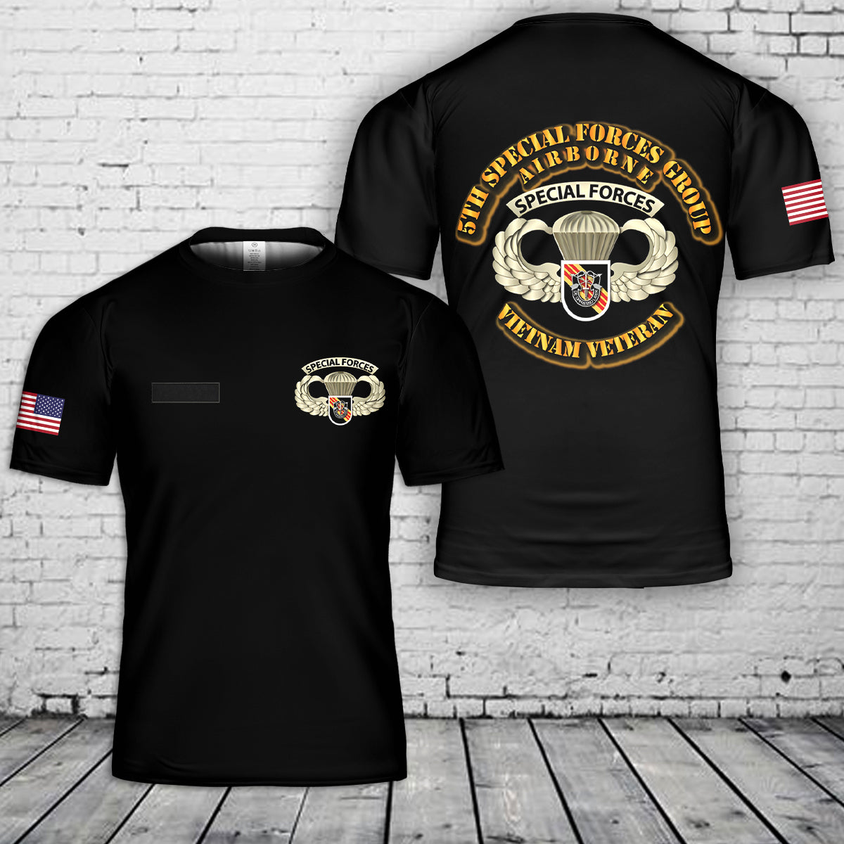 Custom Name US Army SOF - 5th SFG - Airborne Badge - Vietnam Veteran T-Shirt 3D