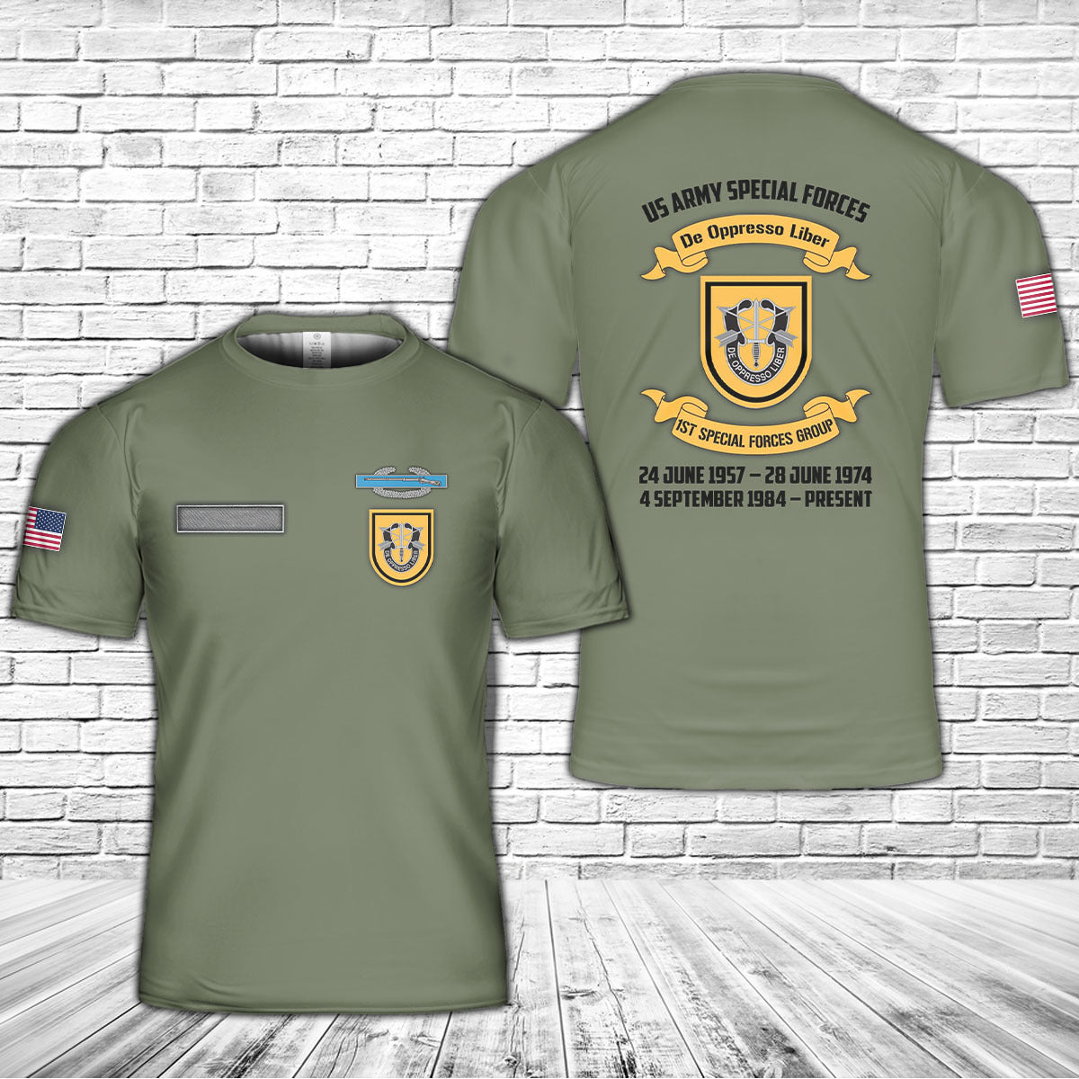 Custom Name US Army Special 1st Special Forces Group (1st SFG)(A) CIB T-Shirt 3D
