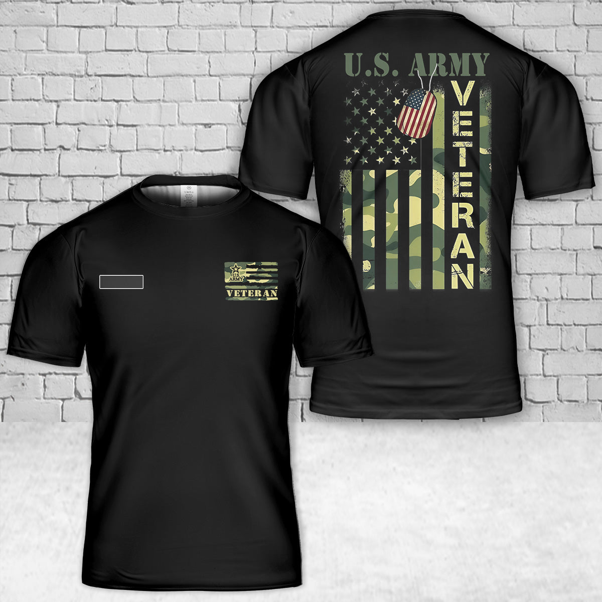 Custom Name US Army Veteran Camo American Flag T-Shirt 3D