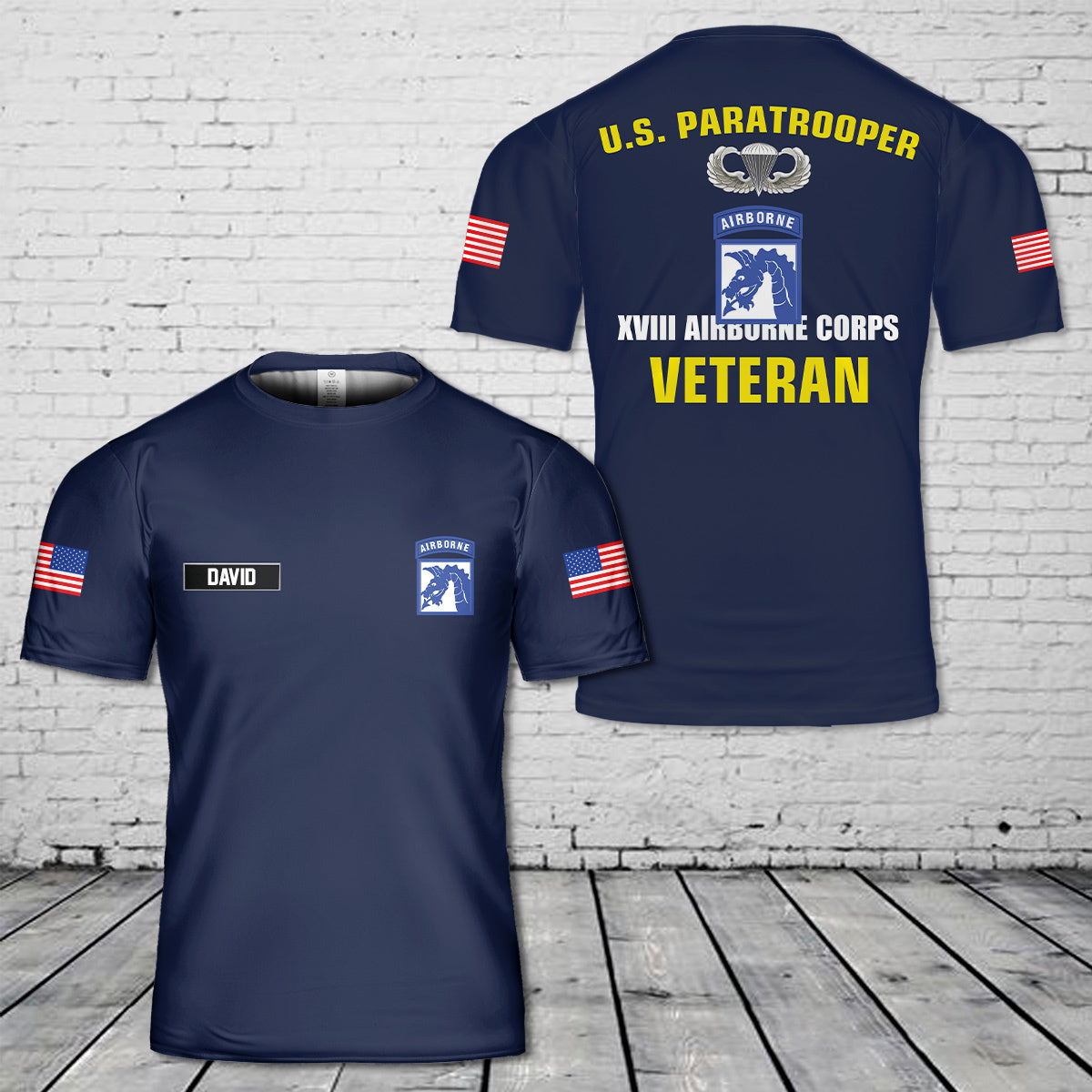 Custom Name US Army XVIII Airborne Corps Veteran Paratrooper T-Shirt 3D