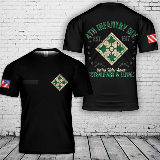 Custom Name US Army 4th Infantry Division Retro T-Shirt 3D