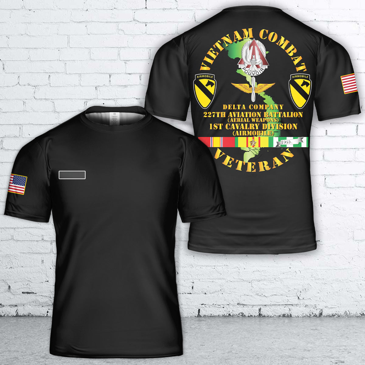 Custom Name US Army Vietnam Combat Cavalry Veteran w D Co - WPNS - 227th AVN Bn - 1st Cav Div T-Shirt 3D
