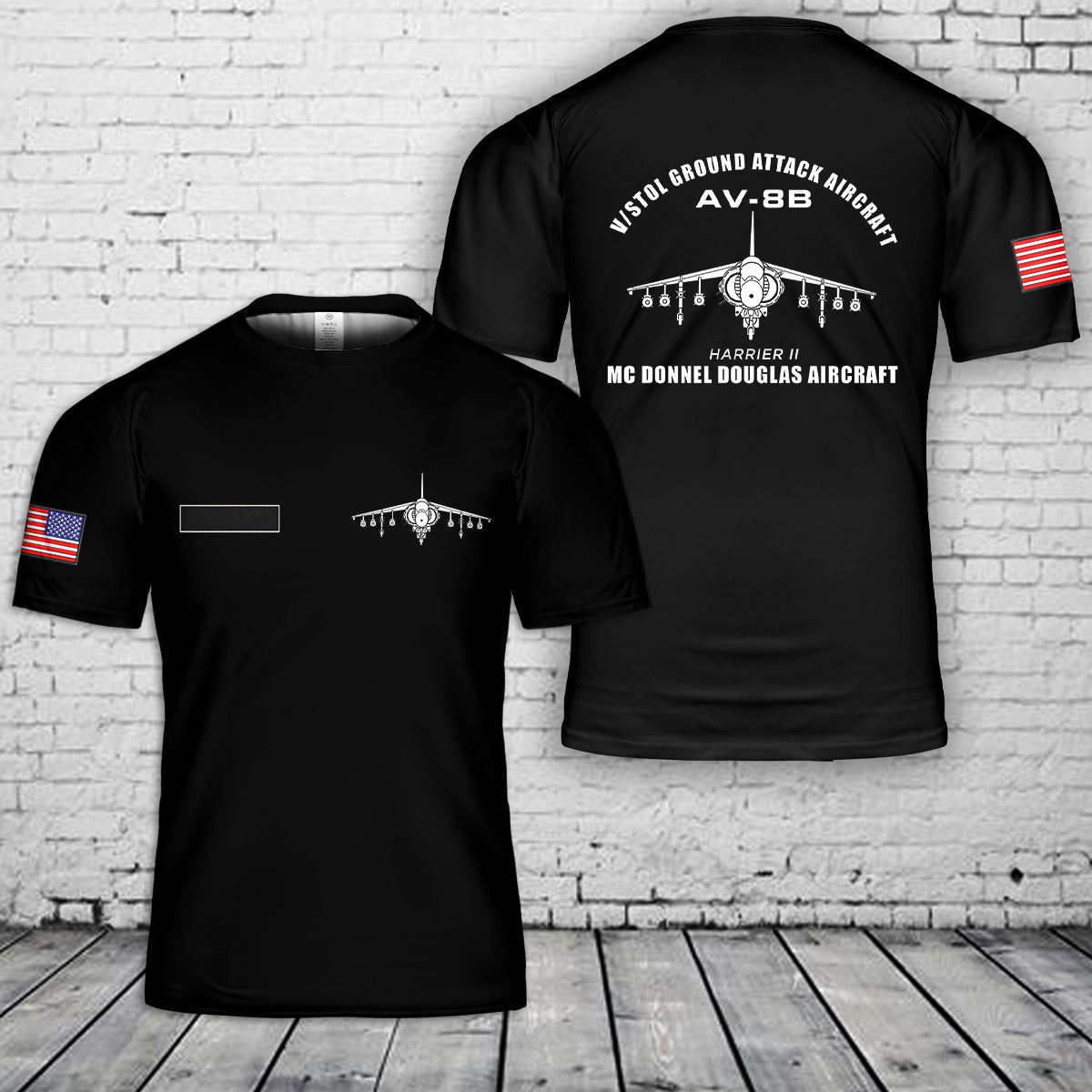 Custom Name US McDonnell Douglas AV-8B Harrier II V/STOL Ground-Attack Aircraft T-Shirt 3D