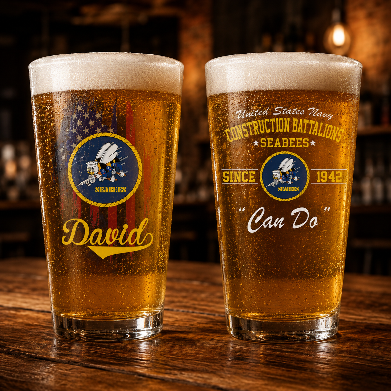 Custom Name US NAVY SEABEES Naval Construction Force (NCF)  16oz Pint Beer Glass