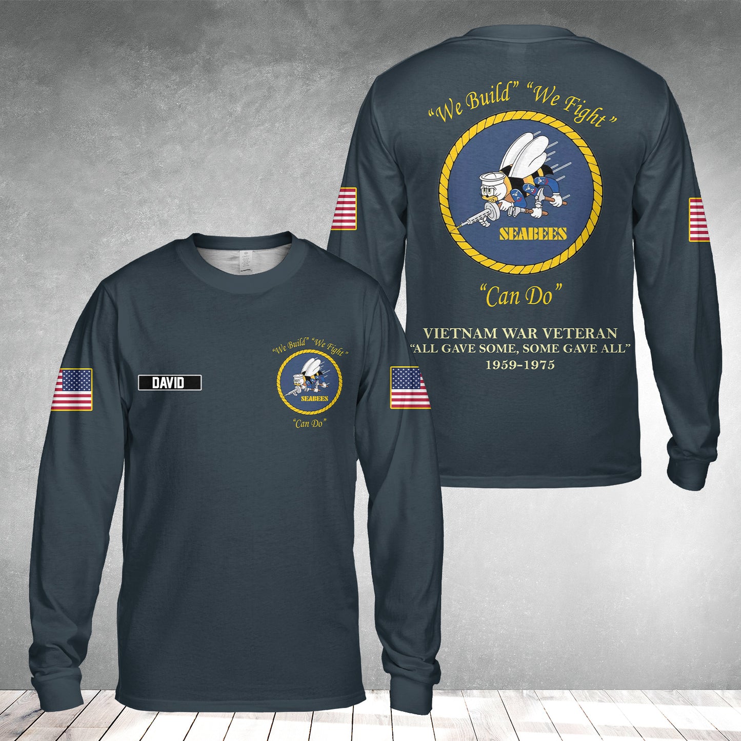 Custom Name US NAVY Seabees Vietnam War Vet 1959-1975 AOP Long Sleeve shirt