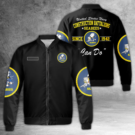 Custom Name US NAVY Seabees "We Build, We Fight, Can Do" AOP Fleece Bomber Jacket