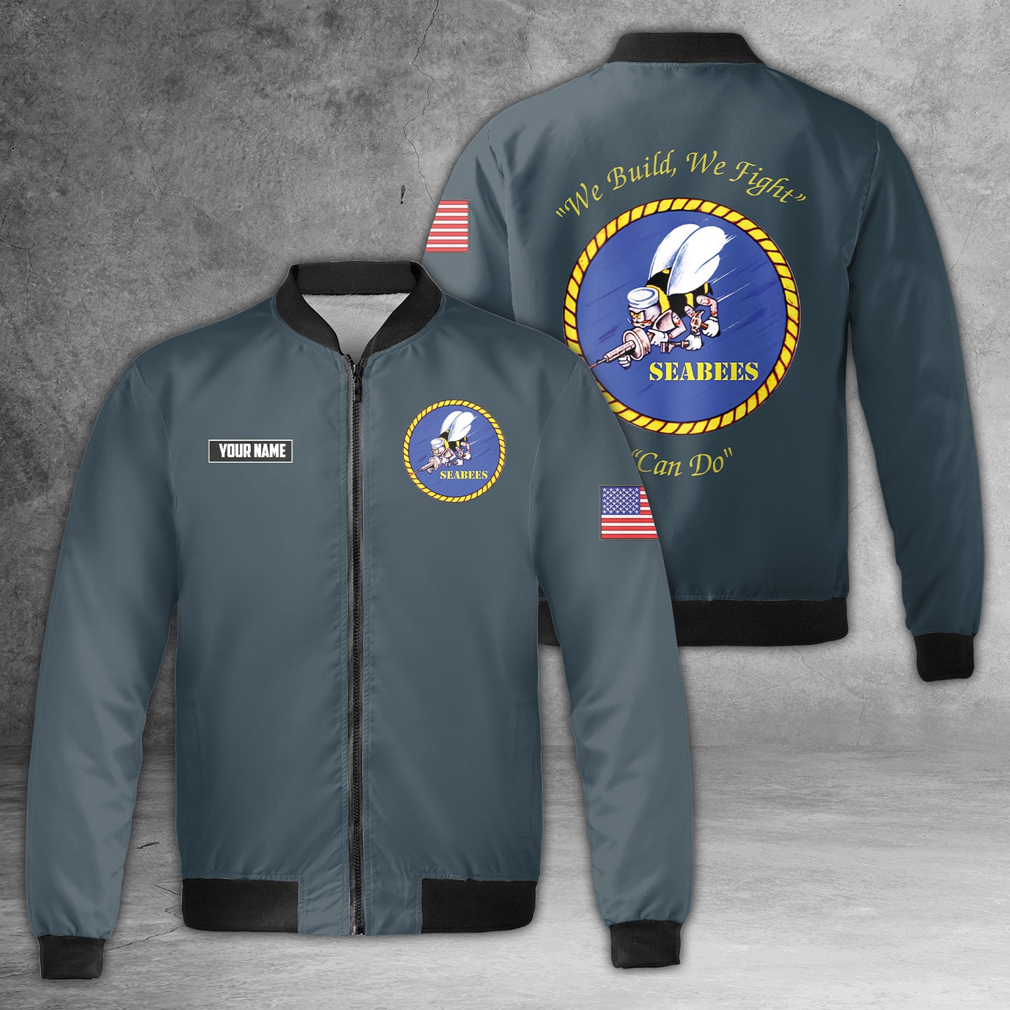 Custom Name US NAVY Seabees "We Build, We Fight, Can Do" AOP Fleece Bomber Jacket