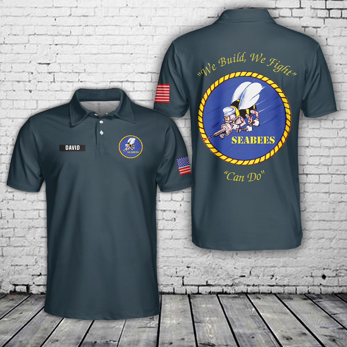 Custom Name US NAVY Seabees "We Build, We Fight, Can Do" Polo Shirt