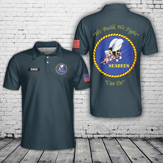 Custom Name US NAVY Seabees "We Build, We Fight, Can Do" Polo Shirt