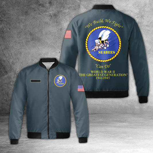 Custom Name US NAVY Seabees World War II 1941-1945 AOP Fleece Bomber Jacket