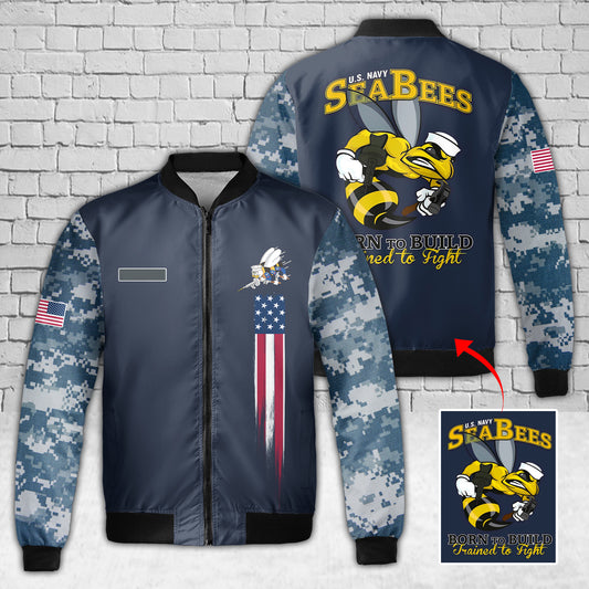 Custom Name US Navy - Seabees - Born To Build Trained To Fight Fleece Bomber Jacket 3D