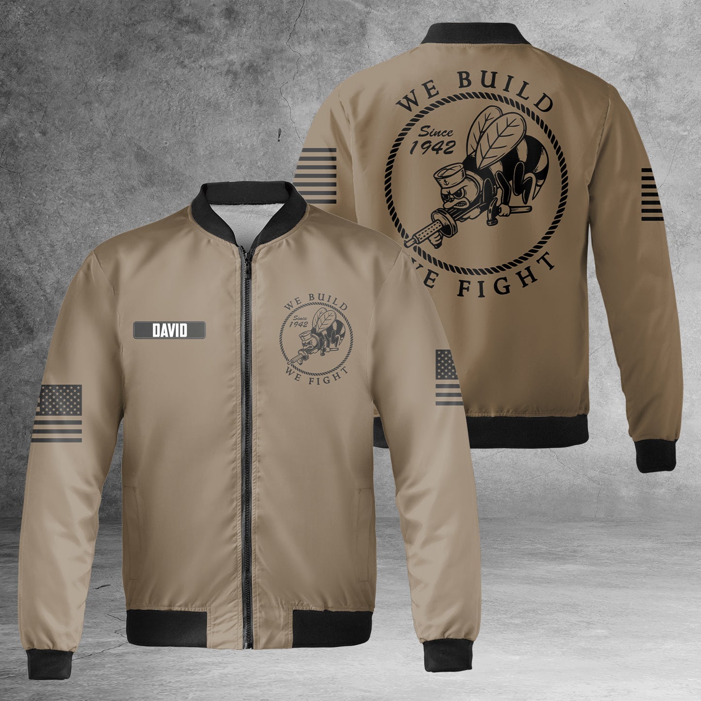 Custom Name US Navy 1942 Seabee AOP Fleece Bomber Jacket