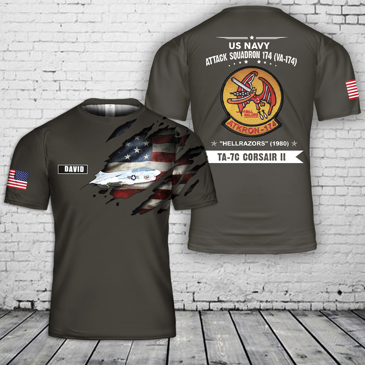 Custom Name US Navy Attack Squadron 174 (VA-174) "Hellrazors" (1980) TA-7C Corsair II 3D T-Shirt