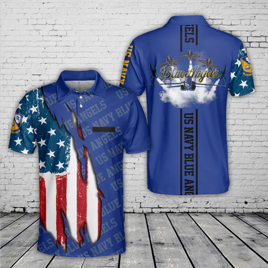 Custom Name US Navy Blue Angels, 4th Of July Polo Shirt