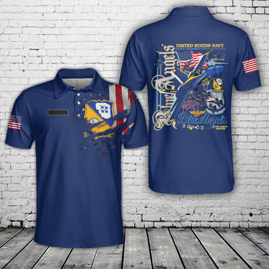 Custom Name US Navy Blue Angels, 4th Of July Polo Shirt