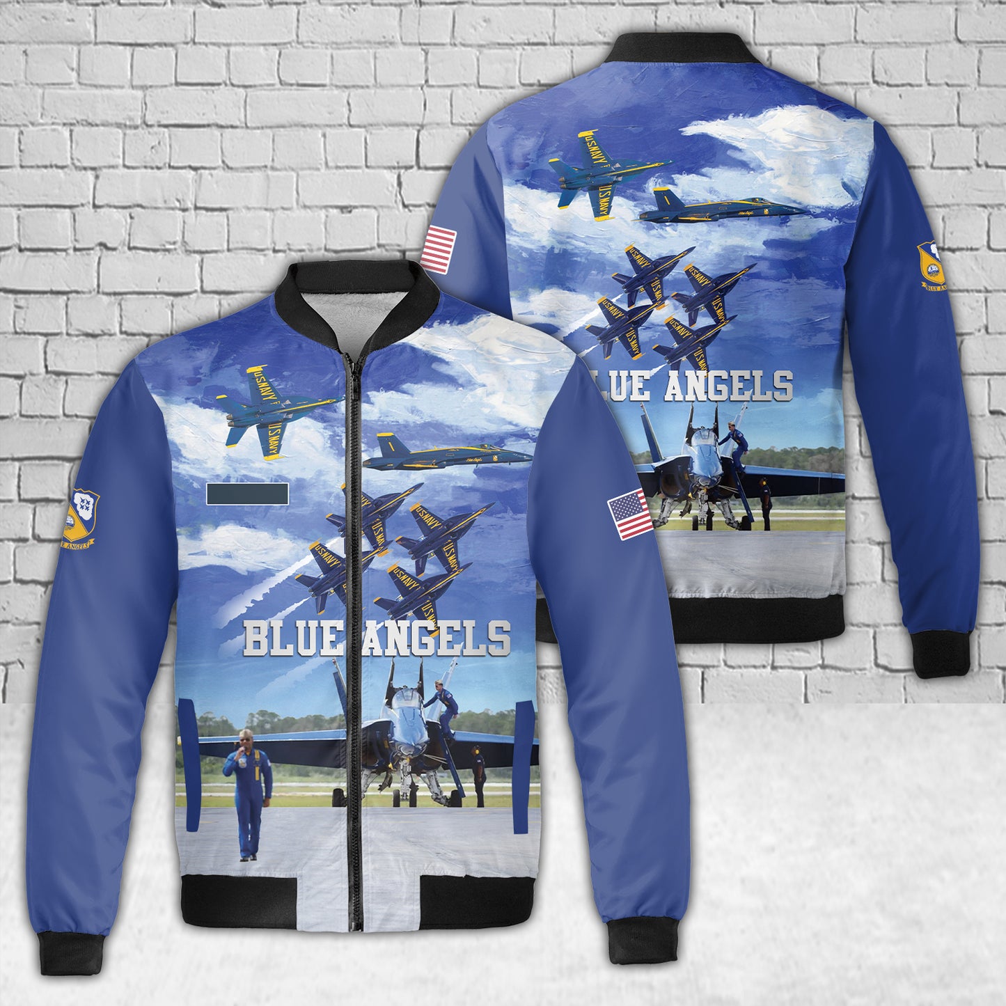 Custom Name US Navy Blue Angels AOP Fleece Bomber Jacket
