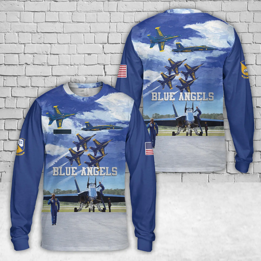 Custom Name US Navy Blue Angels AOP Long Sleeve Shirt