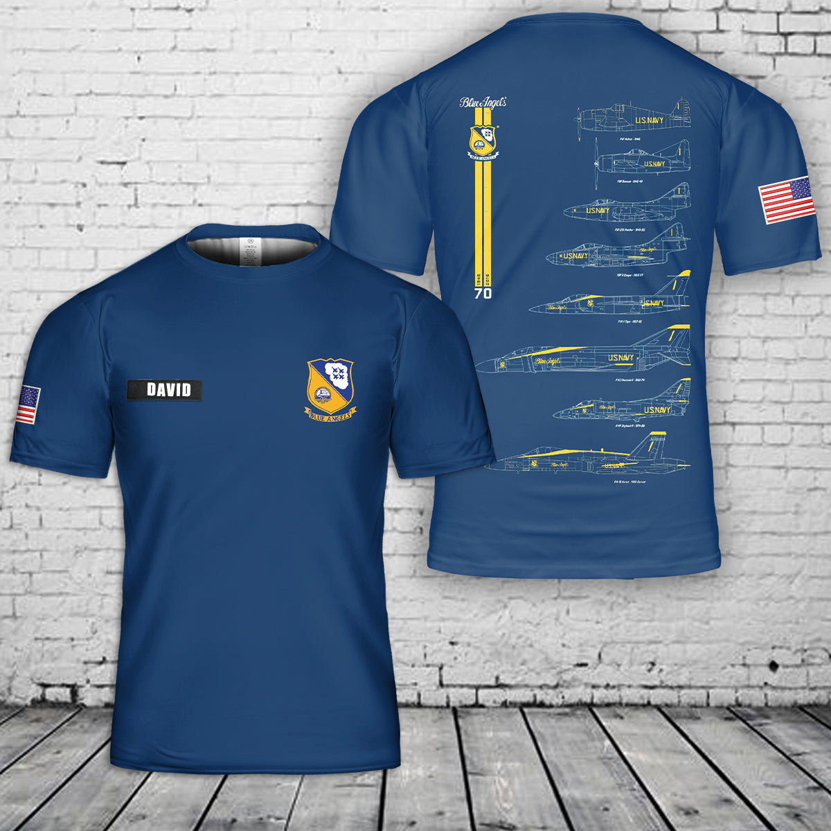 Custom Name US Navy Blue Angels Chronology 70th Blue Print 3D T-Shirt
