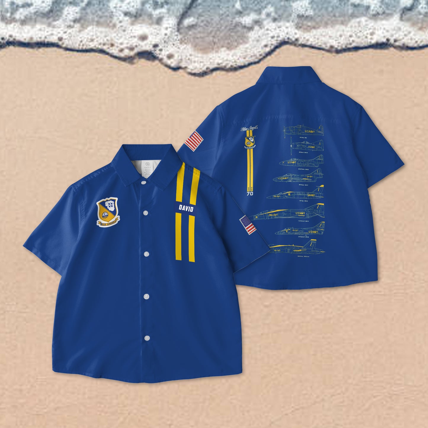Custom Name US Navy Blue Angels Chronology 70th Blue Print AOP Youth Button Down Shirt