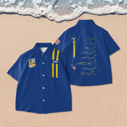 Custom Name US Navy Blue Angels Chronology 70th Blue Print AOP Youth Button Down Shirt