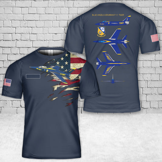Custom Name US Navy Blue Angels Grumman F-11 Tiger T-Shirt 3D